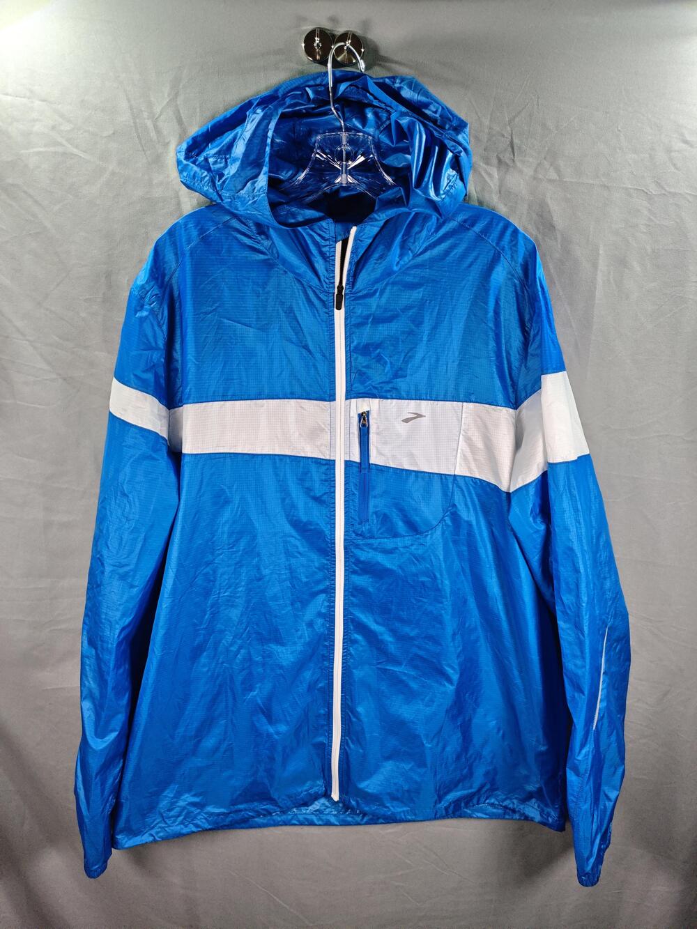 Brooks Jacket Mens XL Blue White Hooded Windbreaker Coat Shelter Technology